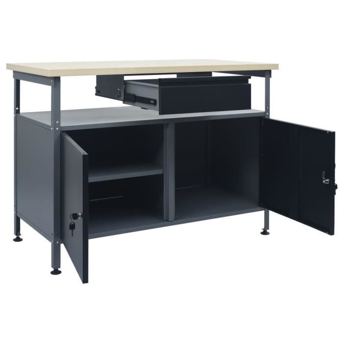 Établi Atelier Noir 160x60x85 Cm – 6 Tiroirs, Capacité 500 Kg, Acier Et Bois, Réglable, Pour Garage Et Bricolage