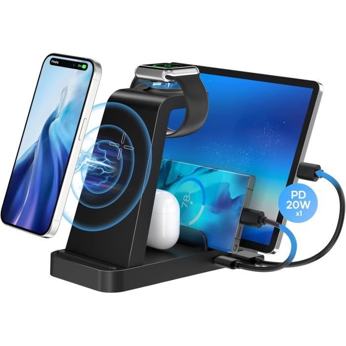 NEUTYPECHIC 5 en 1 Chargeur Induction pour iPhone, 20W Chargeur sans Fil Rapide avec Lampe de Nuit, Wireless Charger avec Haut Parleur Bluetooth, pour iPhone 16 15 14 /Apple iWatch/AirPods