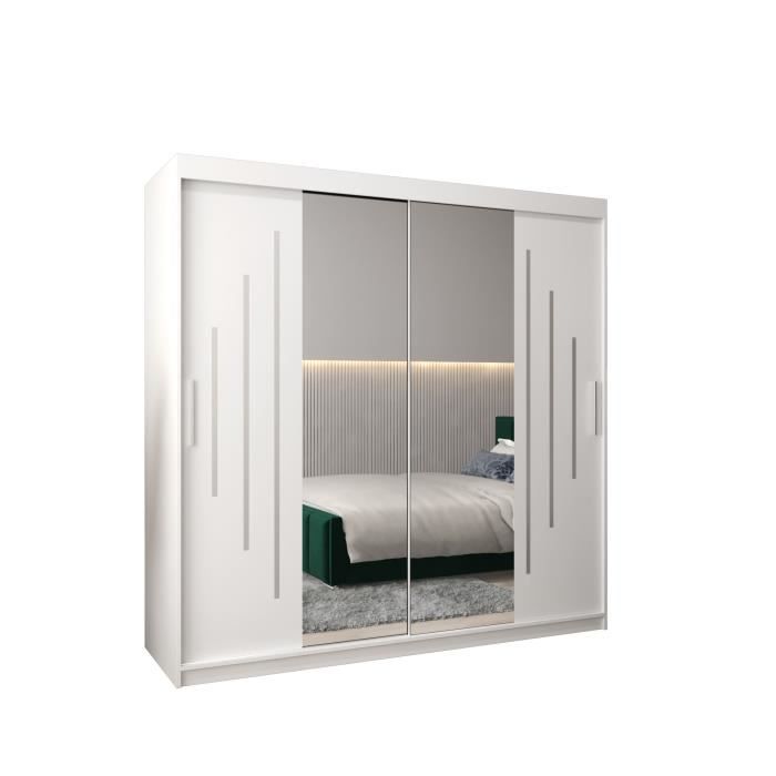 Armoire de Chambre MALTESE 1 Blanc 200 avec 2 Portes Coulissantes avec Miroir Penderie (Tringle) avec étagères Sans tiroirs