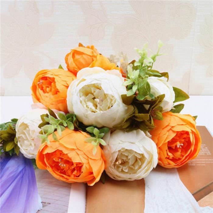 13 Branche Orange Avec Du Blanc Bouquet Européen Fleurs Artificielles Coeur Rond Pivoine Bouquet Faux Plante Fête Mariage Maison Dé