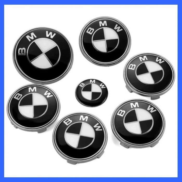 KIT 7 Badge LOGO Embleme BMW NOIR BLANC Capot 82mm + Coffre 74mm +Volant 45mm + 4 centres de roue 68mm