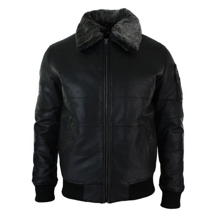 Homme Noir en Cuir Véritable Bomber Veste Matelassée Homme Noir en Cuir Véritable Bomber Veste Matelassée