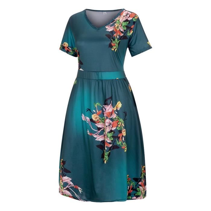 Rétro poisson imprimé v-cou élégant chic lâche à manches courtes robe midi