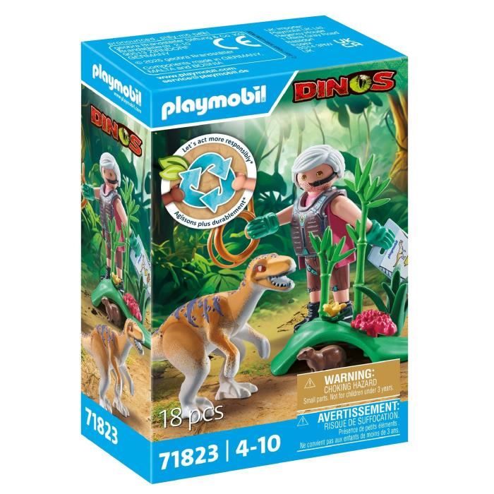 Figurine dinosaures - PLAYMOBIL - Vélociraptor et explorateur avec lasso - 18 pièces - Multicolore - Dès 3 ans