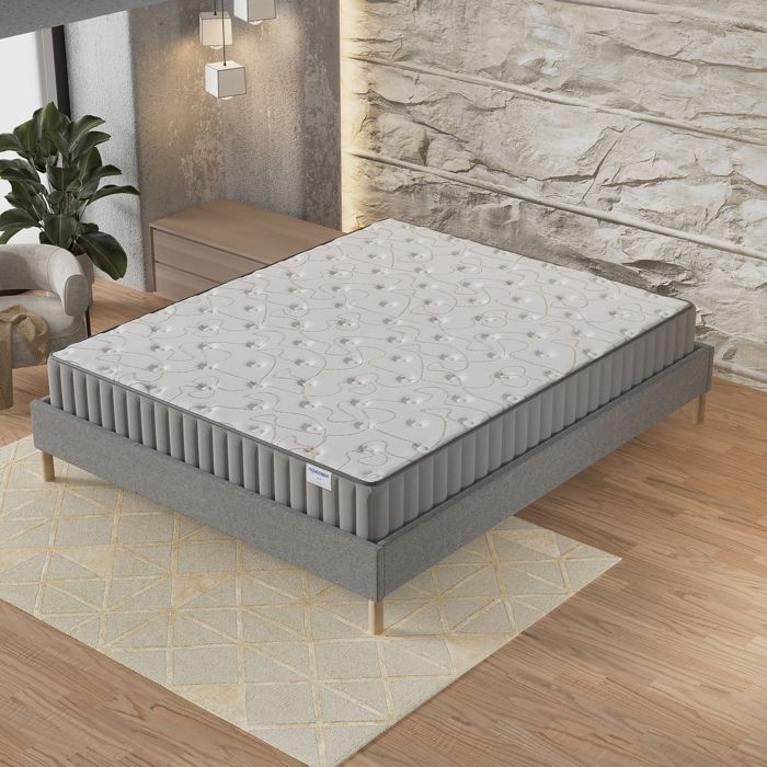 Matelas + Sommier (140 x 190cm)- Matelas Orionis Mousse Mémoire de Forme 22cm + Sommier Bois Stable revêtement Tissu Gris