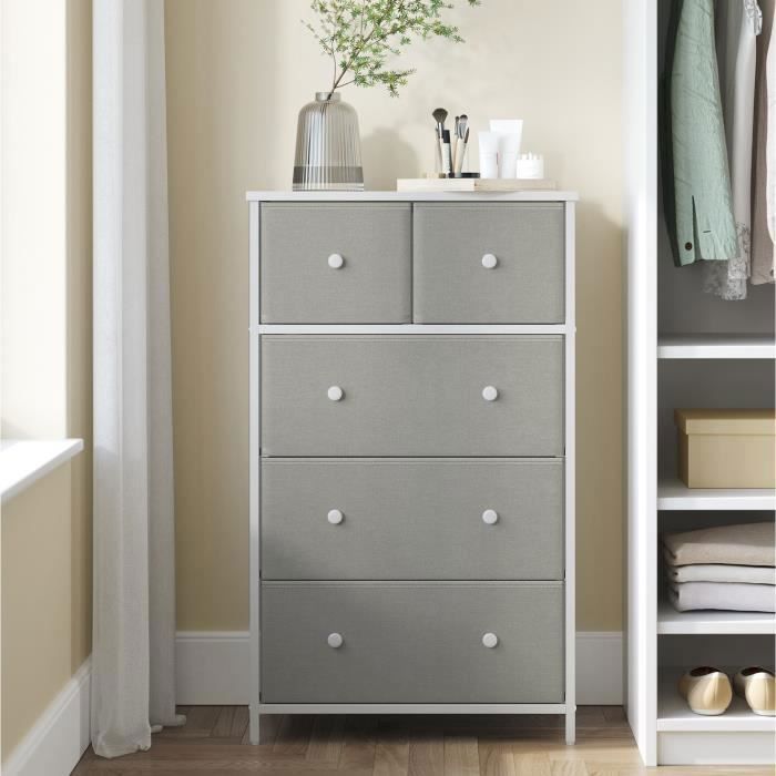 Commode avec 5 Tiroirs en Tissu, 56 x 30 x 93 cm, Style Industriel, Gris Clair et Blanc
