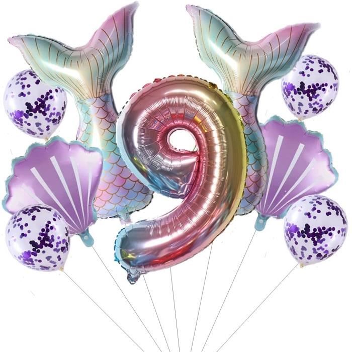 PtyPop - Décoration Anniversaire Sirène (5 Ans) - 6 Ballons Aluminium : Chiffre, Queue Sirène, Coquilles, Ronds - Pour Fille 3 4 5 6 Ans