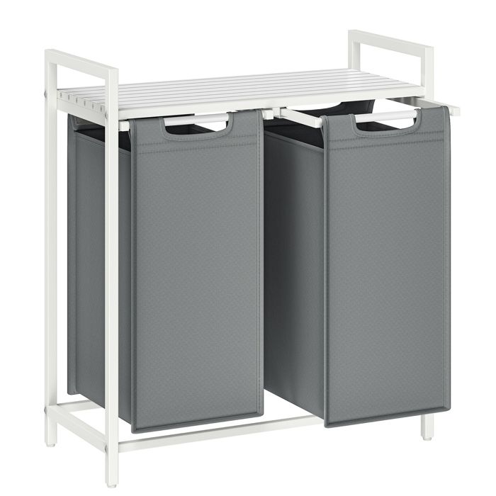 Panier à Linge Rangement 2 Compartiments 2 Sacs Amovibles en Tissu Oxford 2 x 46L 73 x 33 x 72 cm Blanc et Gris Clair