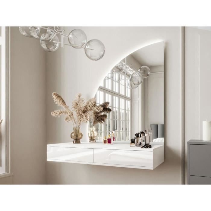 coiffeuse suspendue avec miroir à leds - 2 tiroirs - blanc brillant - jineza