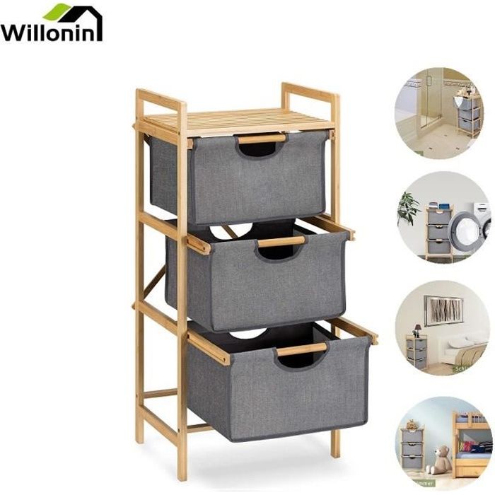 Willonin® Etagere de rangement avec 3 panier à Linge - Meuble pour salle de bain Laverie - 44 x 33 x 96cm Support Gris et chene