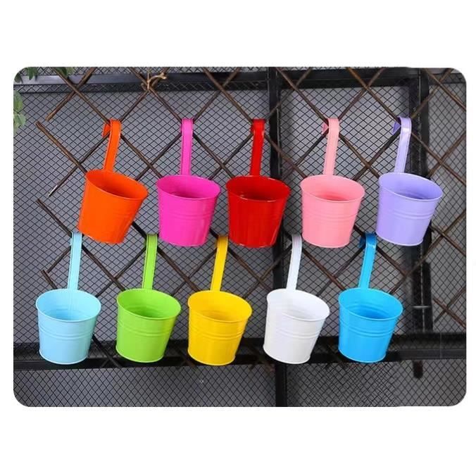 Lot de 10 Pots de Fleurs à Suspendre en métal avec Trou de Drainage Crochet Amovible Assortiment de Couleurs