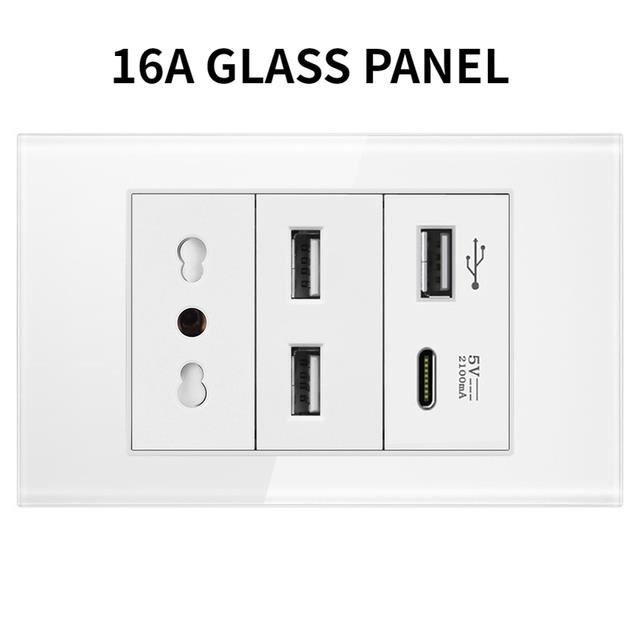 Prise,Italy 2O AC WH GSPrises murales USB Type C, interrupteur à pression, en plastiqueverre Prise,Italy 2O AC WH GSPrises murales USB Type C, interrupteur à pression, en plastiqueverre