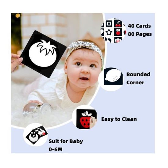 Cartes De Contraste Bébé Richgv – 40 Pages De Stimulation Visuelle – Noir, Blanc Et Couleurs – Dès 1 Mois à 3 Ans