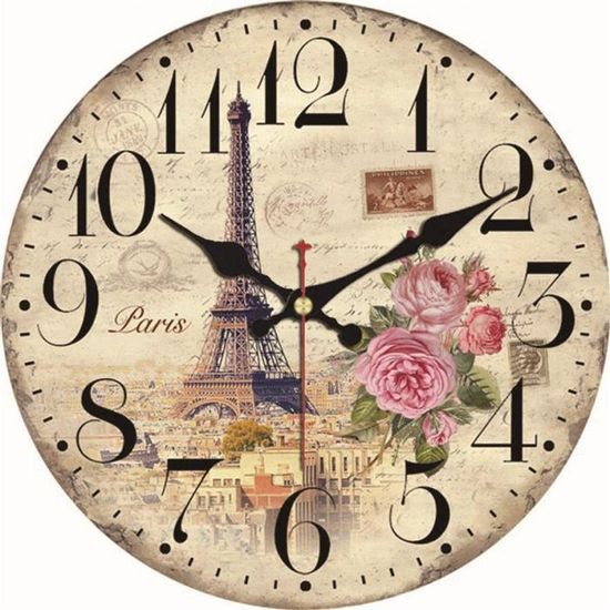 Horloge Murale Ronde En Bois 30 Cm - Quartz Silencieux - Vintage Fluorescent - Neuf