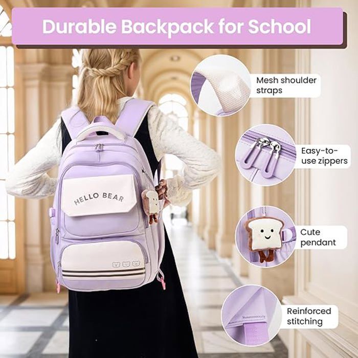 Cartable Tanou Fille 32x16x47cm - Sac Dos École Résistant à L'Eau, Nylon Violet