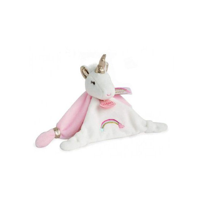 Doudou tout doux Licorne Happy 20 cm rose blanche or Lavable a