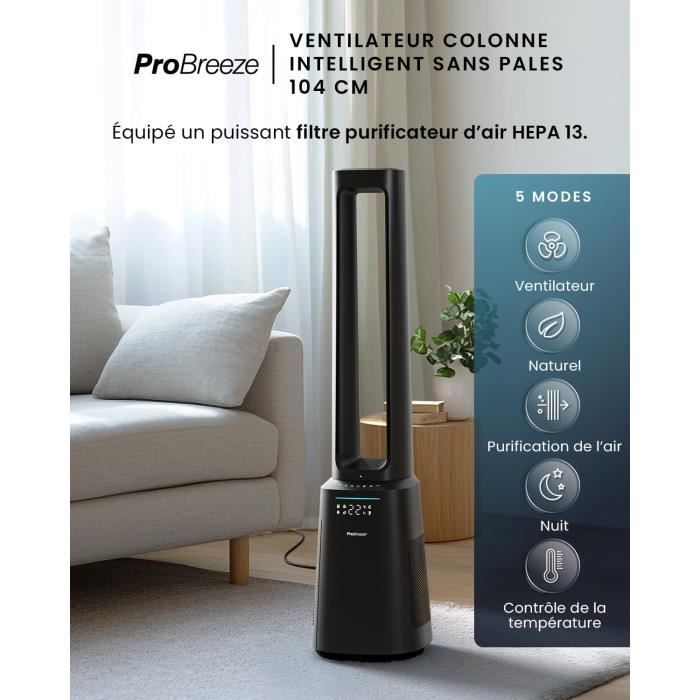 Ventilateur Colonne Sans Pales Ultty Avec Purificateur D'Air - 60cm - 9 Vitesses - Télécommande - Noir