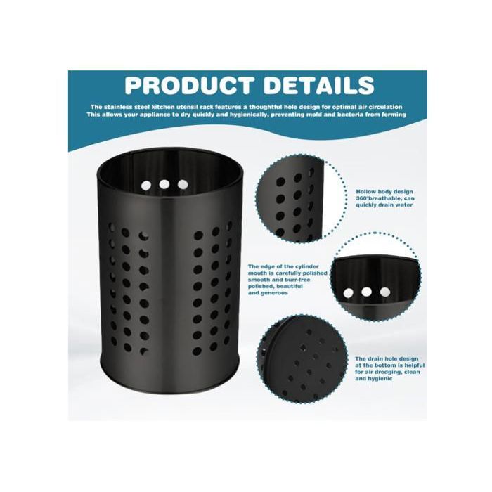 TOATELU Lot De 2 Porte-Ustensiles Cuisine Acier Inoxydable Noir - Égouttoir Couverts Anti-Rouille, Grand Capacité & Design Respirant