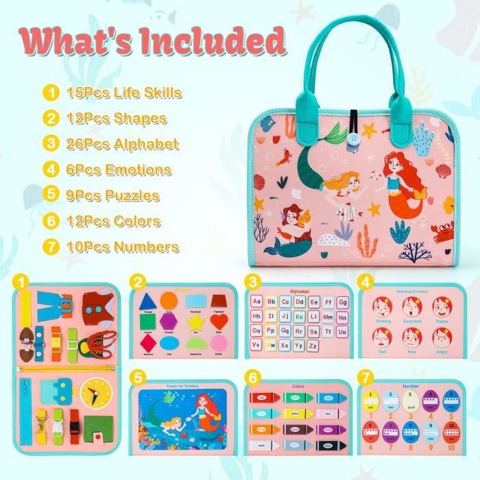 Busy Board Montessori Sumtoco - Livre D'Activités Sirène 9-en-1, 22 Fonctions, Pour Enfants 2-4 Ans, Jeu De Voyage