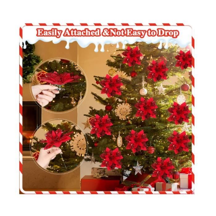 12 Fleurs De Noël Artificielles Clignotantes - Poinsettia 15cm - Avec Clips - Déco Sapin Guirlande - Rouge Et Or