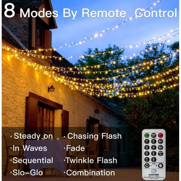 Guirlande lumineuse 200 LED avec télécommande 10m lumière blanc-chaud  fonction timer 8 modes IP44 polyvalente noël fête - Cdiscount Maison