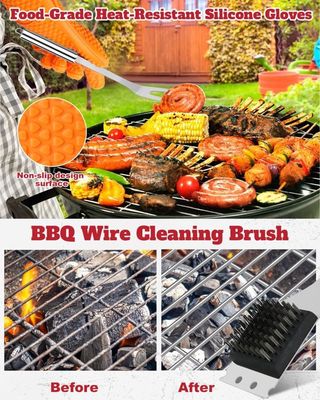 Kit BBQ 28 Pièces En Acier Inoxydable - Accessoires De Grillade Avec Malette, Pince, Spatule 4 En 1, Gants, Brosse - Idéal Camping Et Cadeau Homme