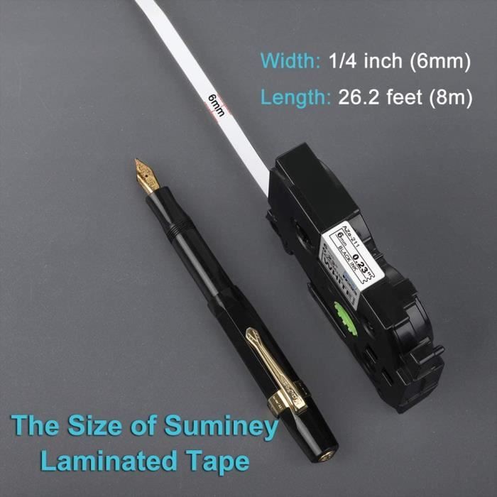 Ruban d'étiquettes P-Touch 6 mm compatible avec Brother 6 mm TZe Tape  TZe-211 TZ211 noir sur blanc laminé 1/4 étiqueteuse 