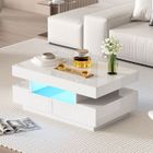 Table basse blanche avec LED ,SOMUBI, Table d'appoint de salon avec 4 tiroirs, surface brillante, design moderne, 80 x 50 x 36 cm