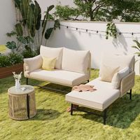 Ensemble de meubles de jardin, avec cadre en fer et corde beige, ensemble de dialogue en forme de L avec table, beige