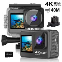 Caméra Sport 4K 60FPS, Double Ecran, 24 MP, EIS, Grand Angle 170°, Caméra Etanche 40M avec Carte Mémoire 32G,19 Accessoires
