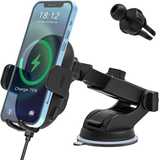 Support Voiture Chargeur Induction 15W - Compatible IPhone 15/14/13/12, Aimant Intégré, Rotation 360°