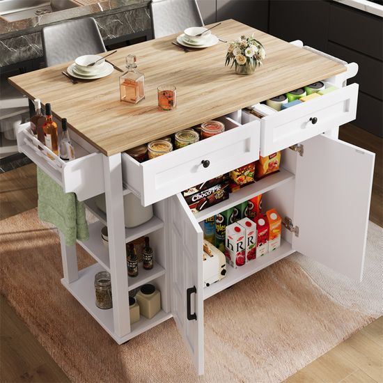 Îlot Central Cuisine Avec Rangement - 150x65x75cm, Plan De Travail Pliable, Prises Intégrées - Blanc - 2