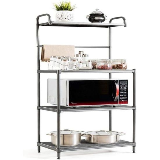 Étagère Cuisine 4 Niveaux KOMFOTTEU – Support Micro-ondes Réglable 59x34x136 Cm Gris Métal Robuste