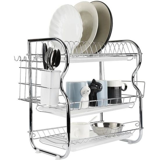 Égouttoir à vaisselle 3 étages en acier inoxydable chromé - Avec support pour ustensiles/égouttoir à couverts - 3 couches - Chromé