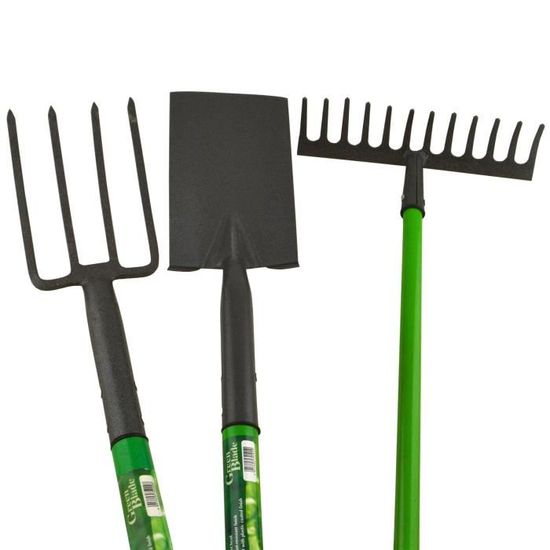 Set Outils Jardin 3 En 1 : Fourche Bêche Râteau Avec Poignées Confort - Outils Jardinage Solides Acier