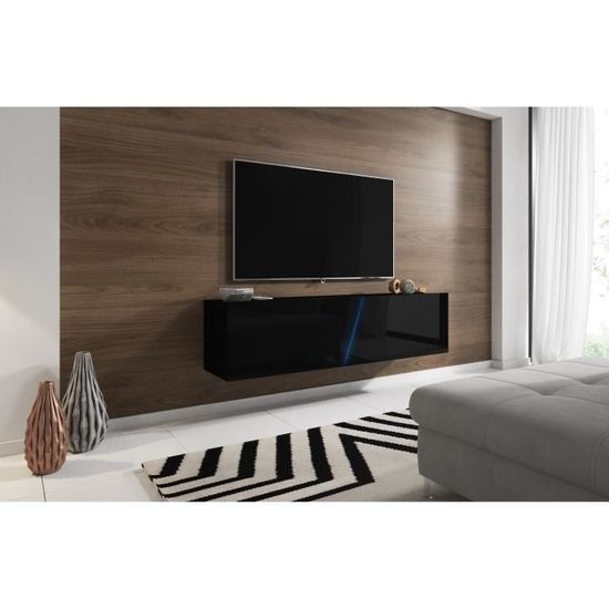 3xEliving Meuble TV suspendu moderne et tendance ACZI noir brillant 160cm LED