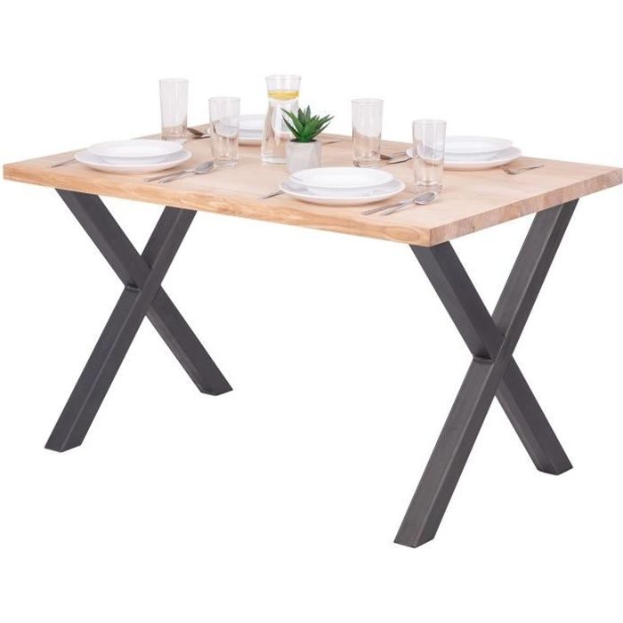 LAMO MANUFAKTUR Table à manger industrielle en bois massif - 120x80x76cm - frêne sévère - pieds acier brut - modèle design