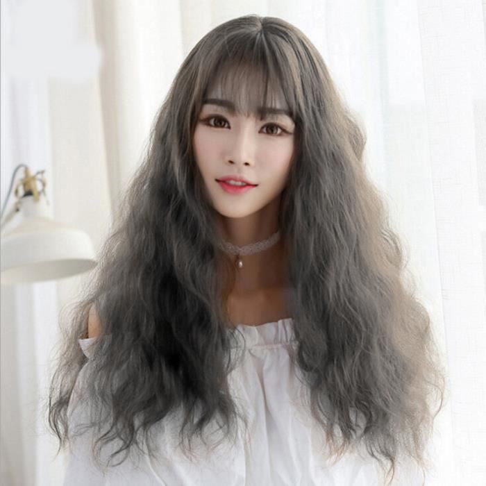 Mode femme japonaise longue perruque frisée Air Bangs fil haute température sans Lcae A1399