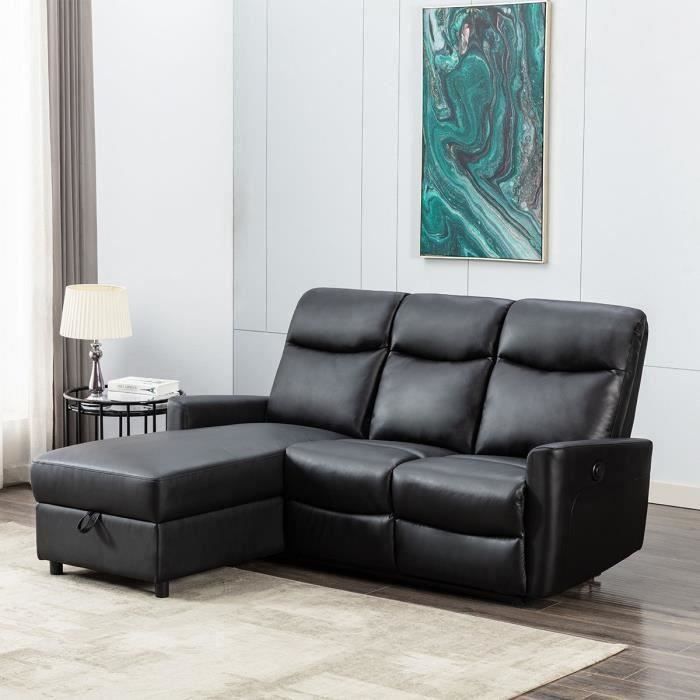 Canapé d'angle Noir Cuir Relax