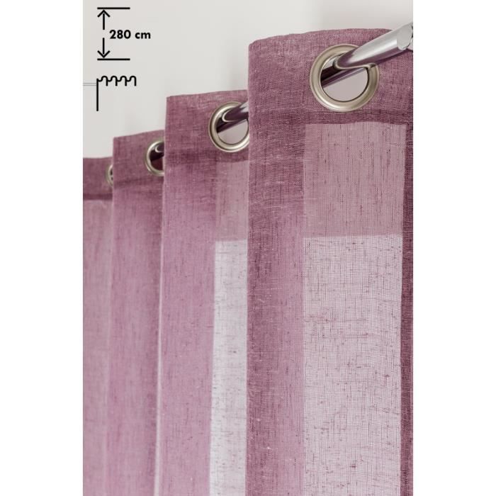 Voilage 140 x 280 cm à Oeillets Effet Lin Grande Hauteur Uni Violet Foncé