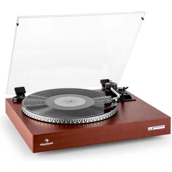 auna TT-931 - Platine vinyle à entrainement à courroie avec adaptateur 45 tours et courvecle de protection pour la poussière