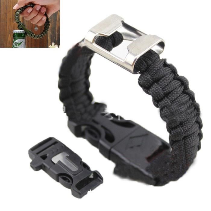 paracord bracelet silex engrenage allume-feu racleur de sifflet décapsuleur survie