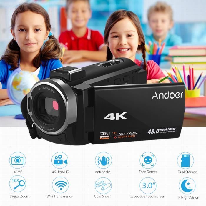 Caméscope Numérique HD 4K Caméscope Zoom Numérique 16X Zoom 3 pouces avec Écran Tactile WiFi Vision Nocturne IR avec 2 piles /