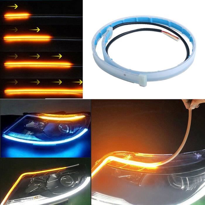 Tubes Lumineux Bande LED pour Voiture 2 Pièces, 2PCS décoration de voiture banderole bicolore clignotant blanc et jaune - 60cm