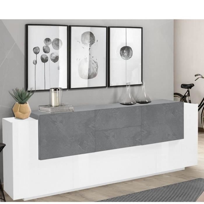 Buffet design Bi-color CORO 220 cm Finition blanc laqué brillant-gris ardoise blanc MDF Inside75