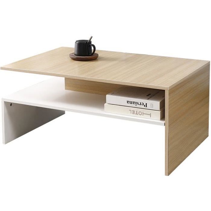 JEOBEST® Table Basse Table de Salon avec 1 étagère Espace de Rangement Ouvert, Blanc Mat et décor chêne