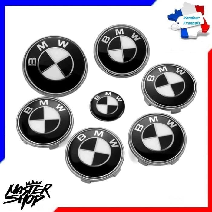 KIT 7 LOGO EMBLEME BMW NOIR BLANC: LOGO CAPOT 82 mm+ COFFRE 74mm +VOLANT 45mm+ 4 CENTRES DE ROUES 68mm NEUF CLIPSABLE BADGES