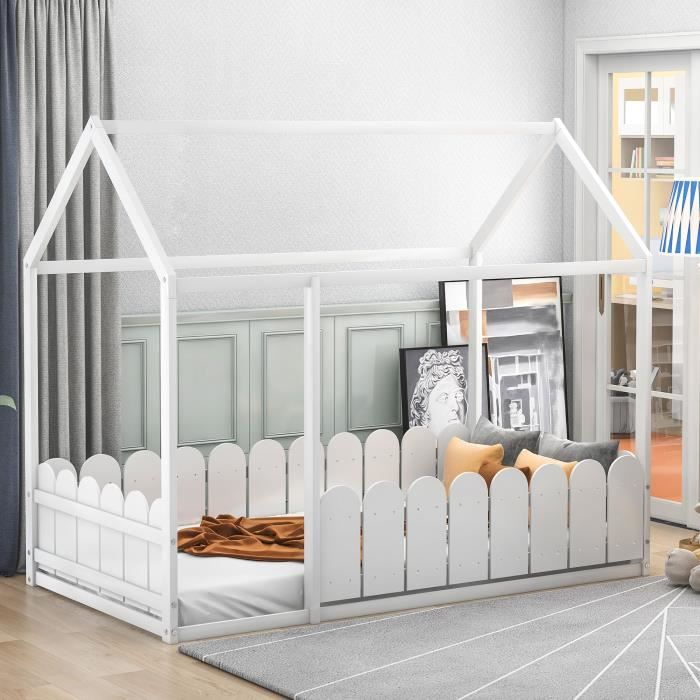 Lit Cabane Enfant Bois Massif de Pin avec Sommier et Barrière - 80 X 160 Cm - Blanc