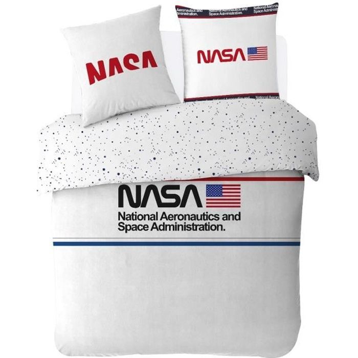 NASA - Housse de couette 2 personnes 220x240 cm 100% coton + taies d'oreiller 63x63 cm - blanc