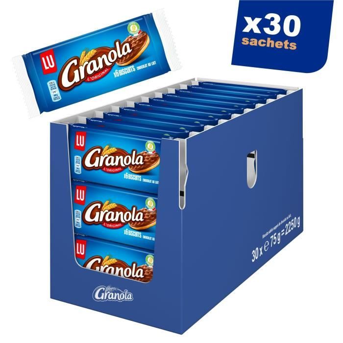 GRANOLA Pocket - Biscuits au Chocolat au Lait - Format Pocket de 6 Biscuits - Présentoir de 30 paquets x 75 g